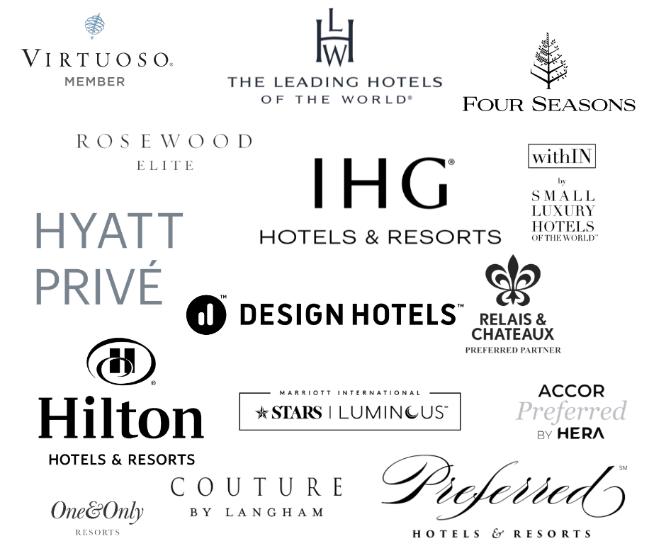 Logos of luxury hotel programs including Virtuoso, The Leading Hotels of the World, Rosewood Elite, Hyatt Prive, Relais & Châteaux, One&Only Resorts, Couture by Langham, and Preferred Hotels & Resorts.